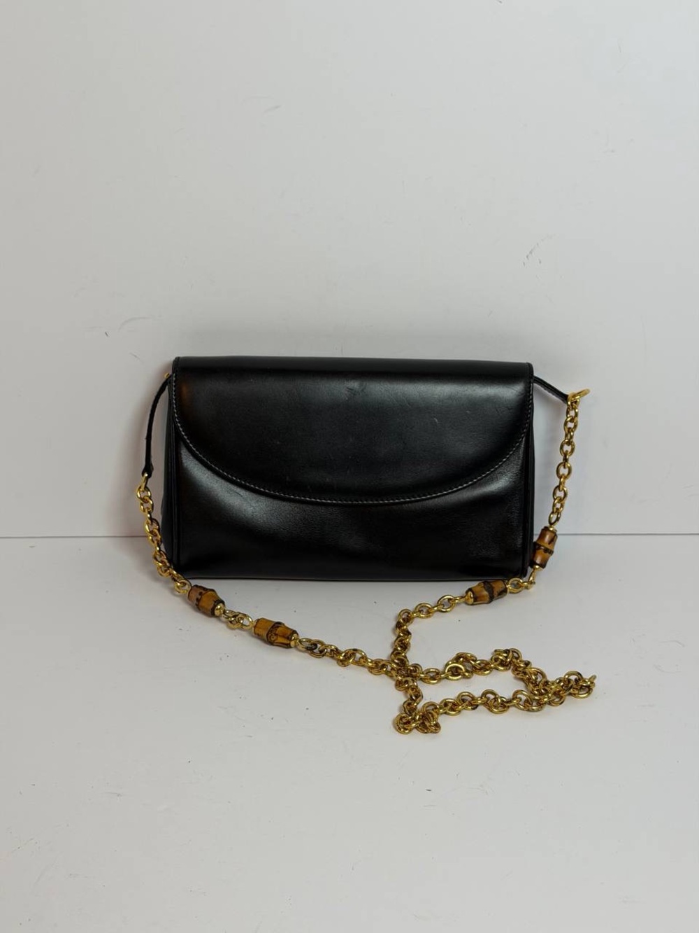 Gucci Vintage Black Leather Chain Shoulder Crossbody Bag with Bamboo Accents